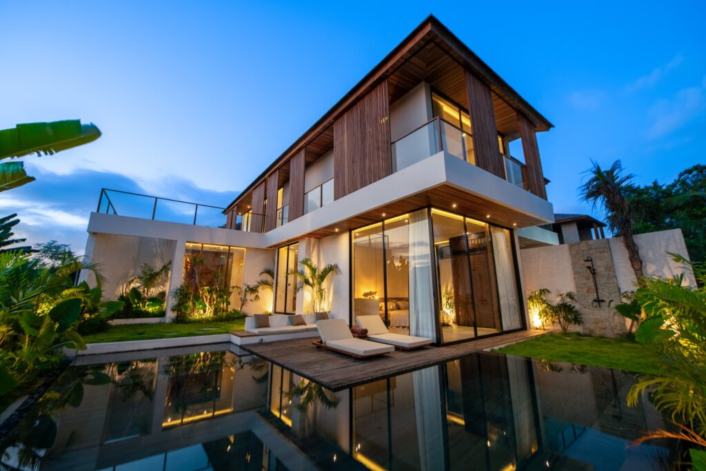 Luxury two-storey villa with private pool at Villa Amorino in Bereban Bali at sunset